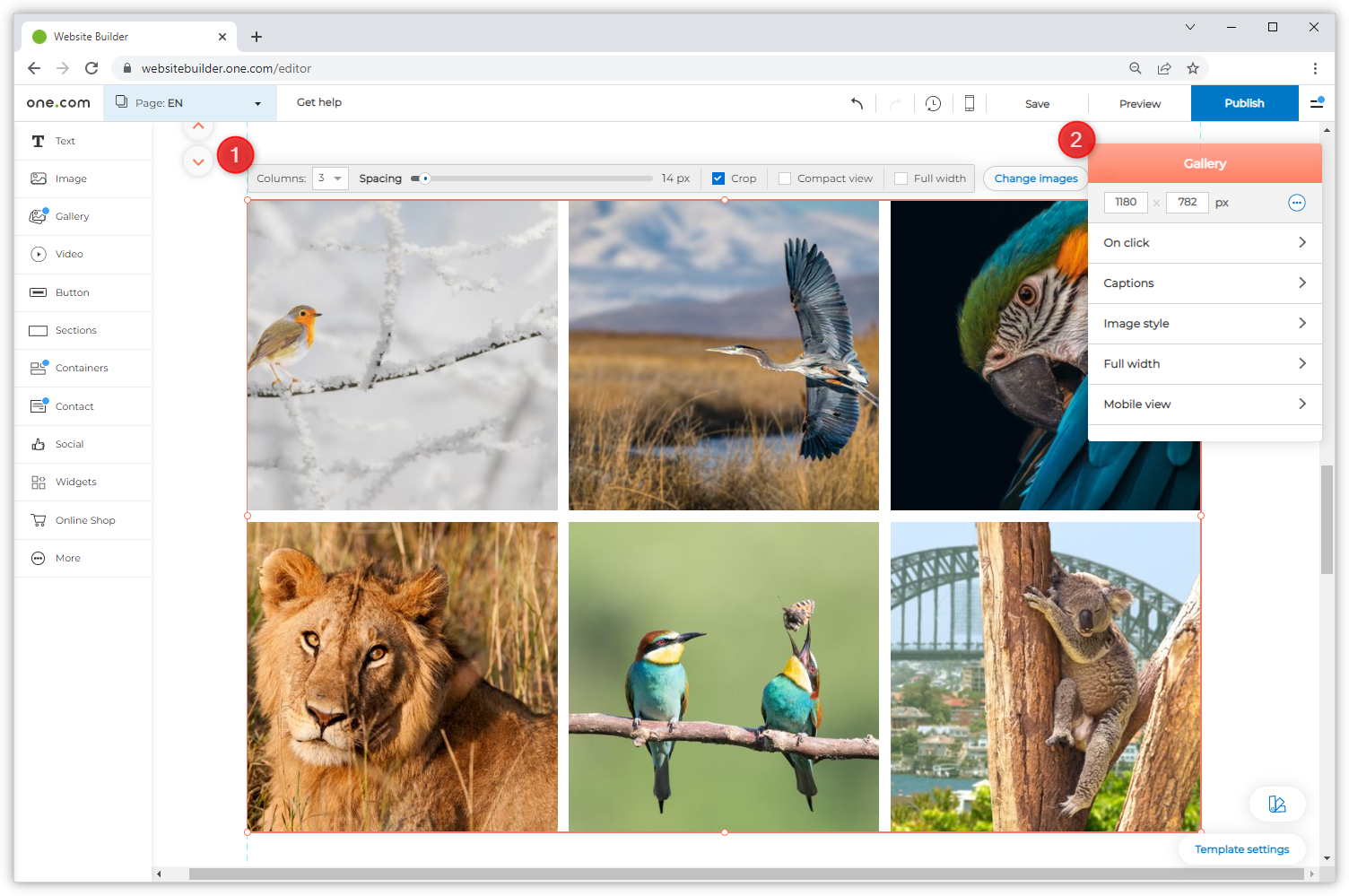 Skærmbillede, der viser Galleri-komponenten. Røde, nummererede prikker markerer egenskabspanelet og den flytbare menu i billedet.
