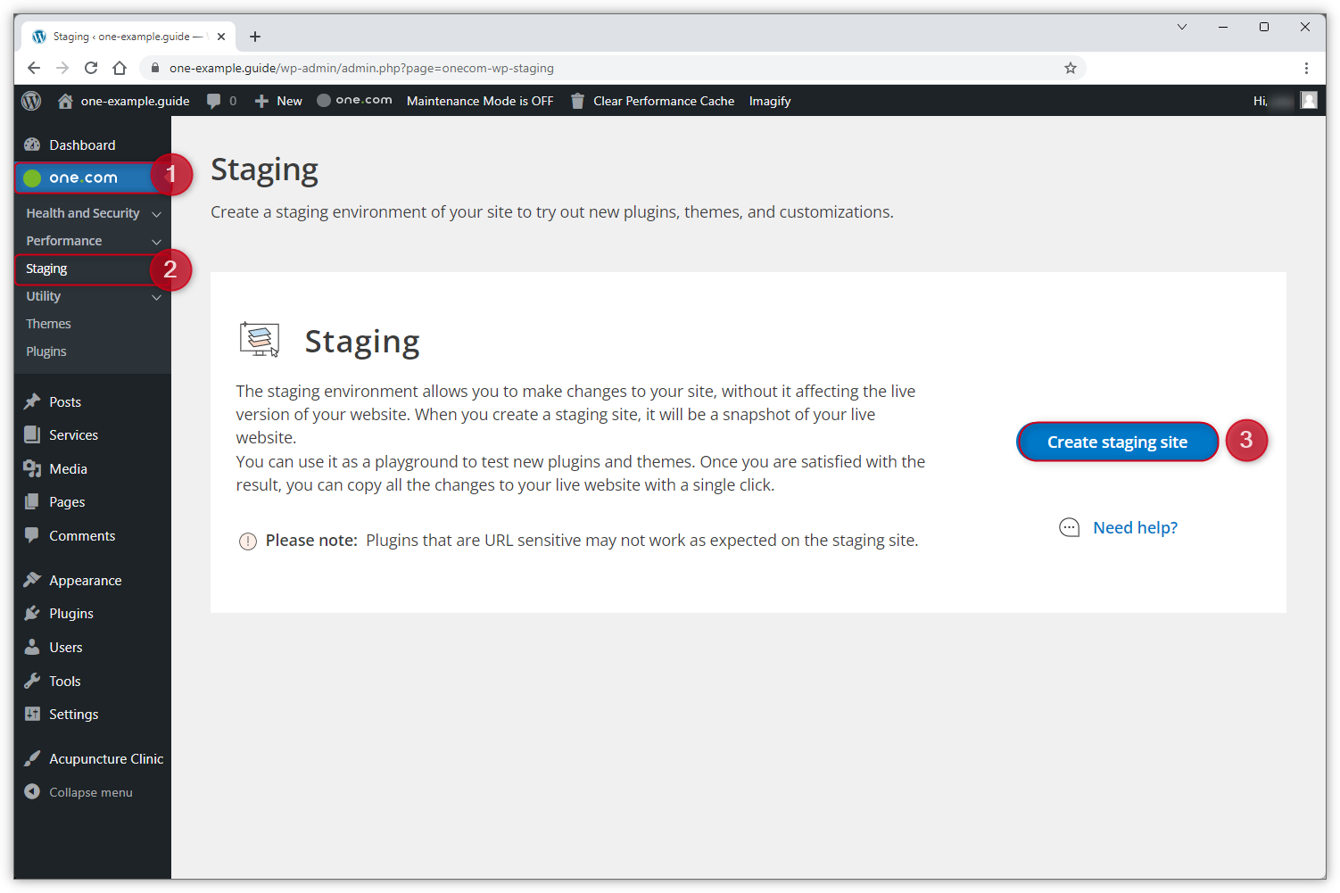 WP Admin-skærmbilledet illustrerer de beskrevne trin og fremhæver knappen "Opret staging-site".