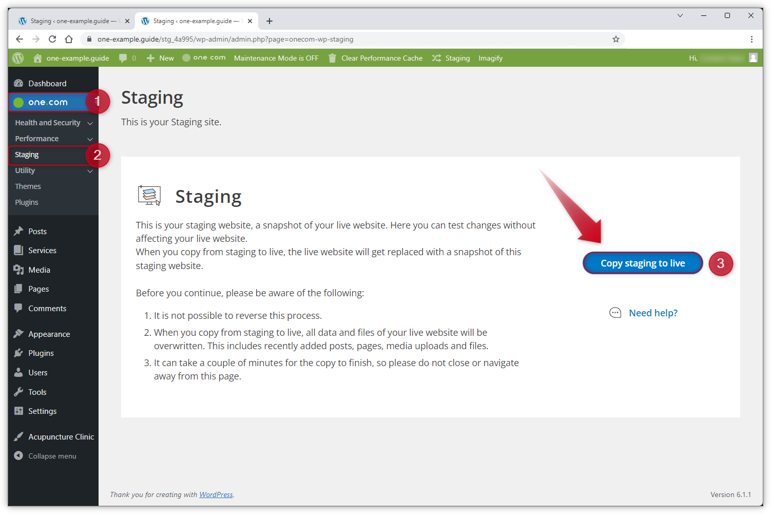 WP Admin-skærmbilledet illustrerer de beskrevne trin og fremhæver knappen "Kopier staging til live"..