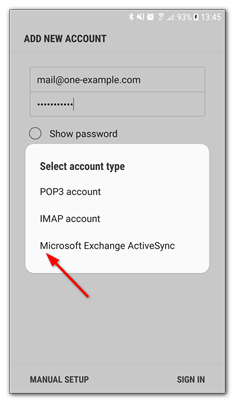Select Exchange ActiveSync as account type