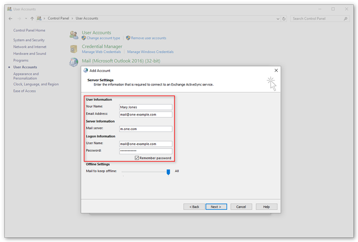 office 365 email settings activesync server