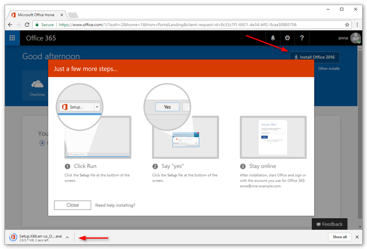 Click install Office 2016 and follow the instructions on your screen