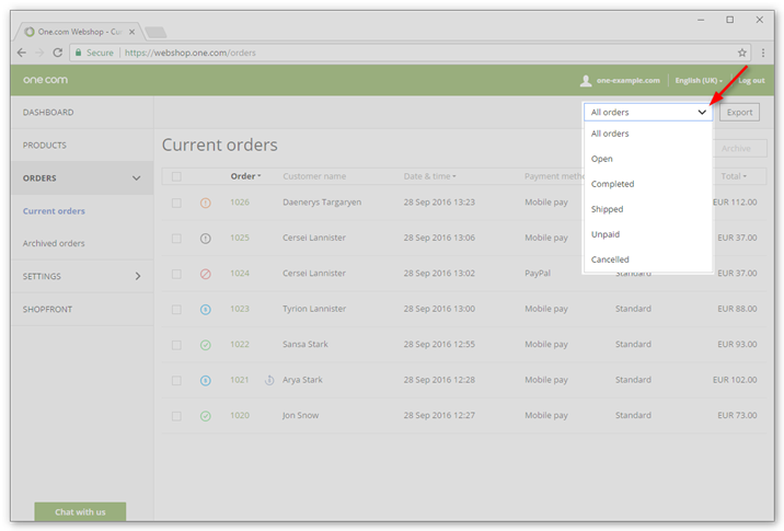 Sort your orders by status to keep an overview