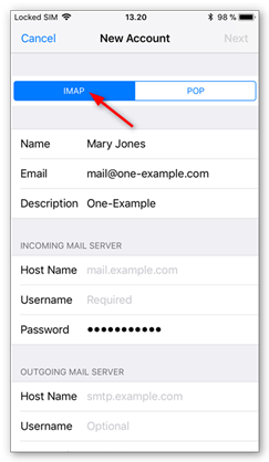 when adding email to iphone what is server