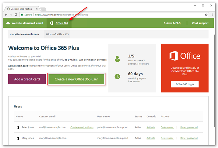 Click Add Office 365 user to create your first user