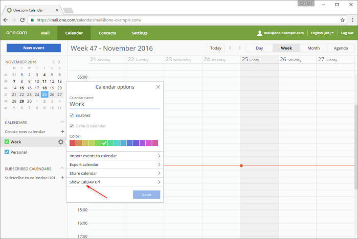 In Webmail go to settings for your default calendar
