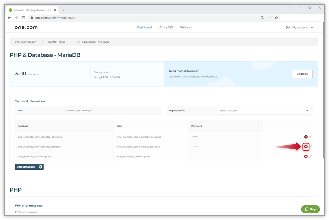 How do I delete a database? – Support | one.com