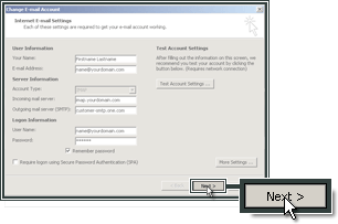 Proceeding to finish setting up your mail account in Outlook 2007.