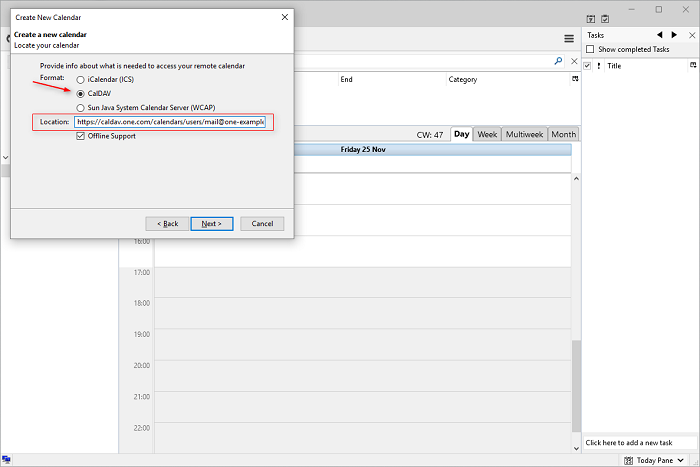 Choose CalDav under format and copy in the CalDAV url