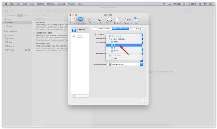 Click Sent Mailbox and select the correct folder