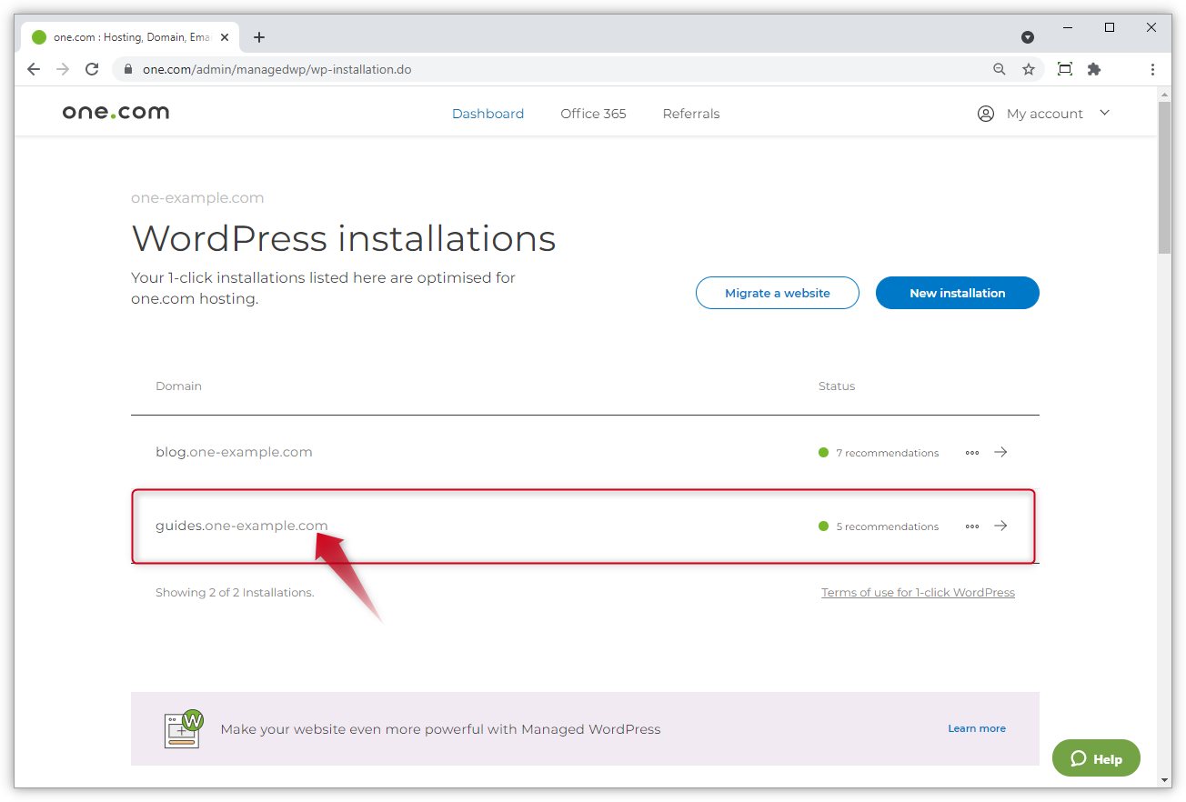 Skjermbilde av WordPress-installasjoner i kontrollpanelet.
