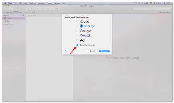 Select Other Mail account and continue