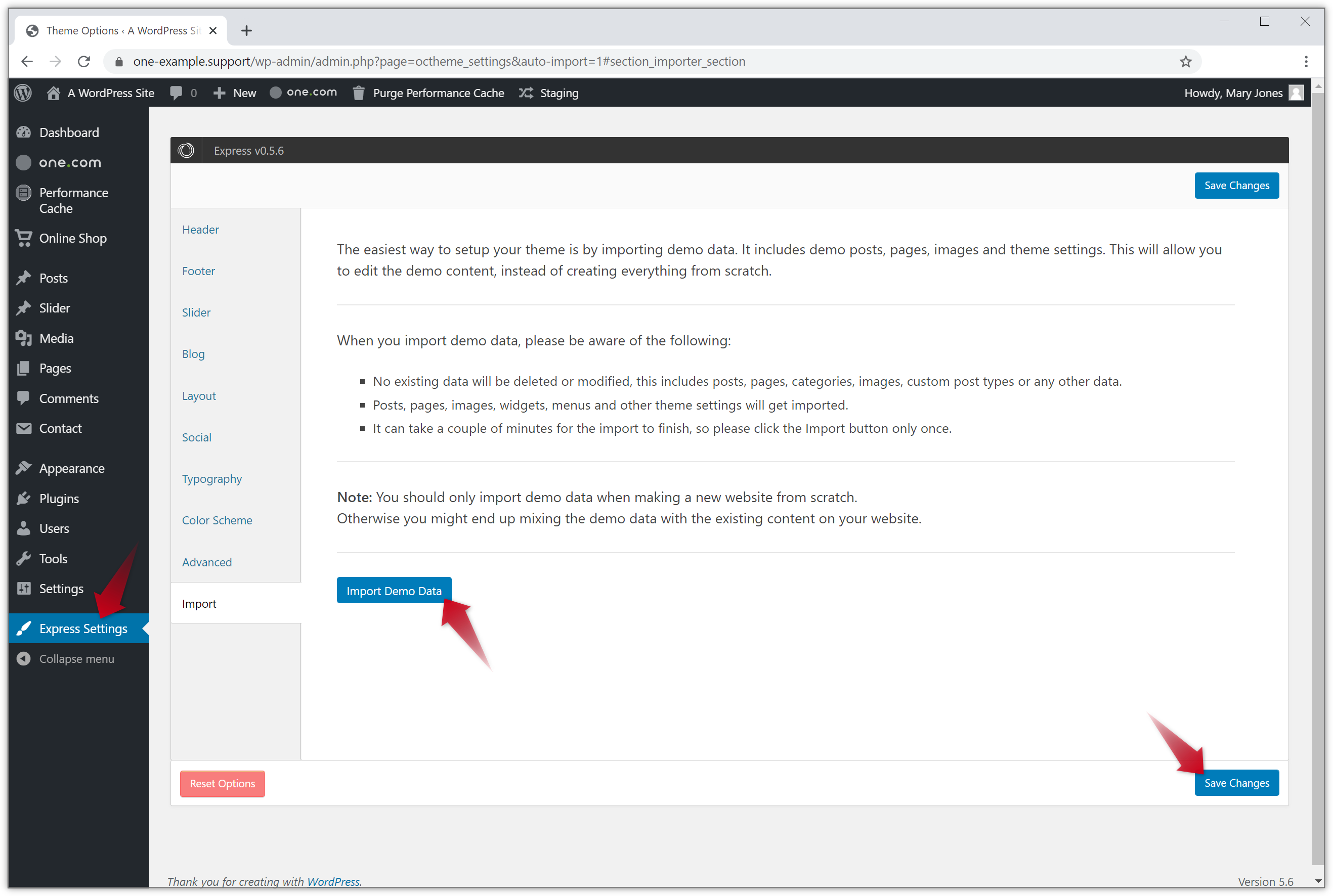 Der WP-Admin-Screenshot zeigt drei rote Pfeile, die den Theme-Namen auf der linken Seite sowie die Buttons „Demo-Daten importieren“ und „Änderungen speichern“ anzeigen.