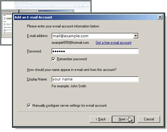 Typing in e-mail address and password in Windows Live Mail.