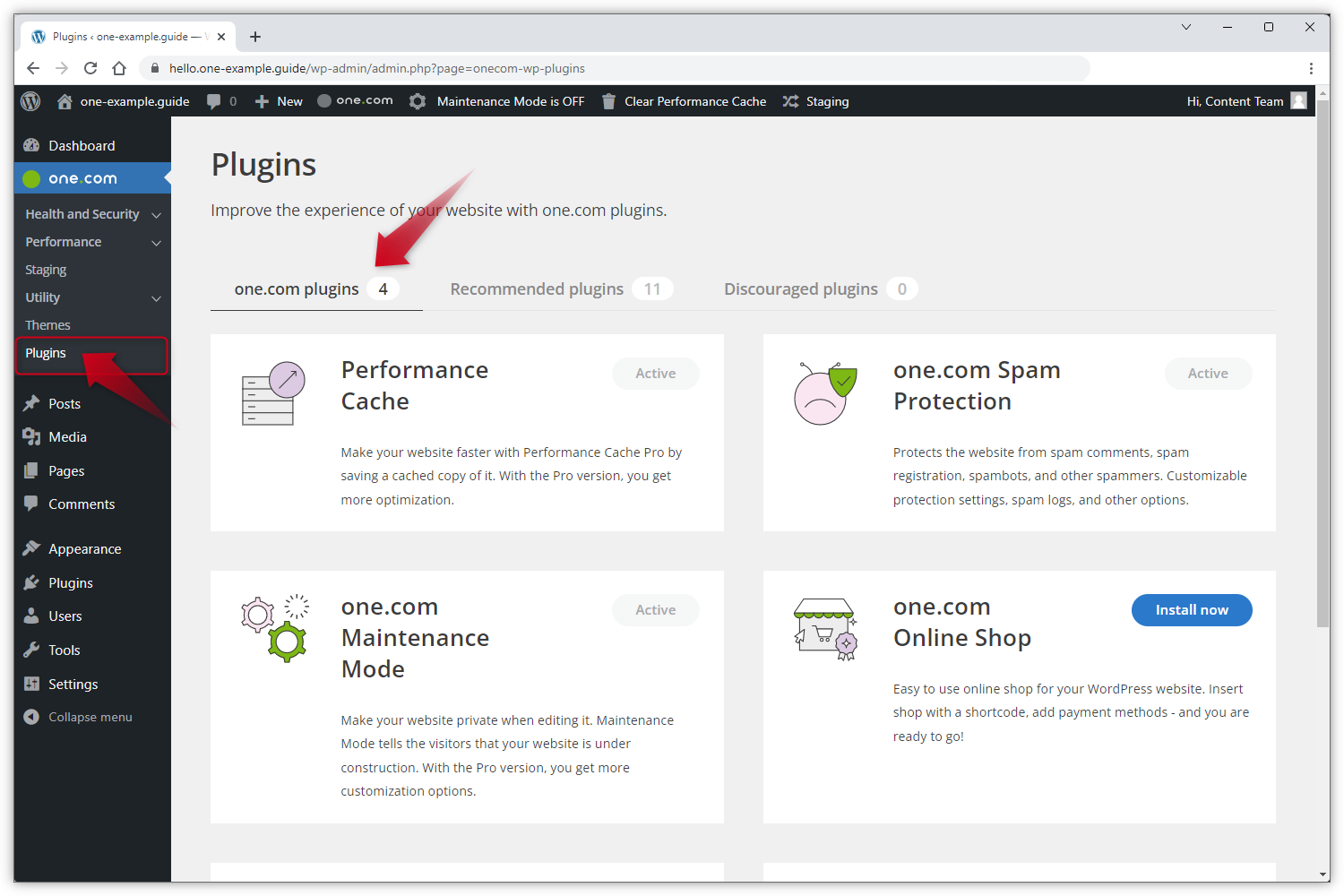 De WP Admin-screenshot toont de one.com-plugins.