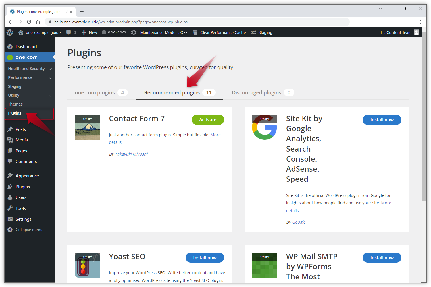 De WP Admin-screenshot toont de lijst met aanbevolen plugins.