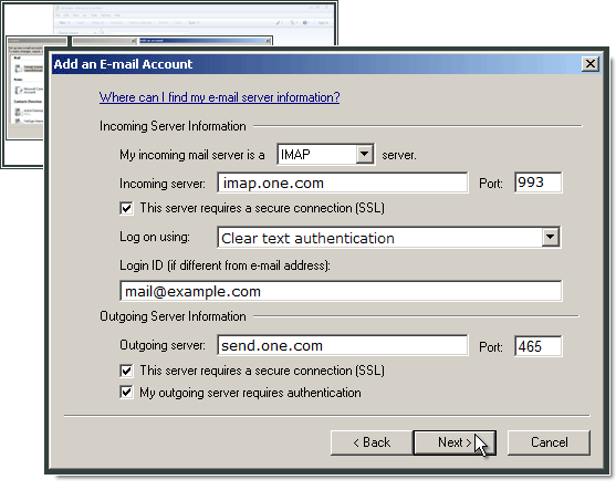 Entering incoming and outgoing server details in Windows Live Mail.