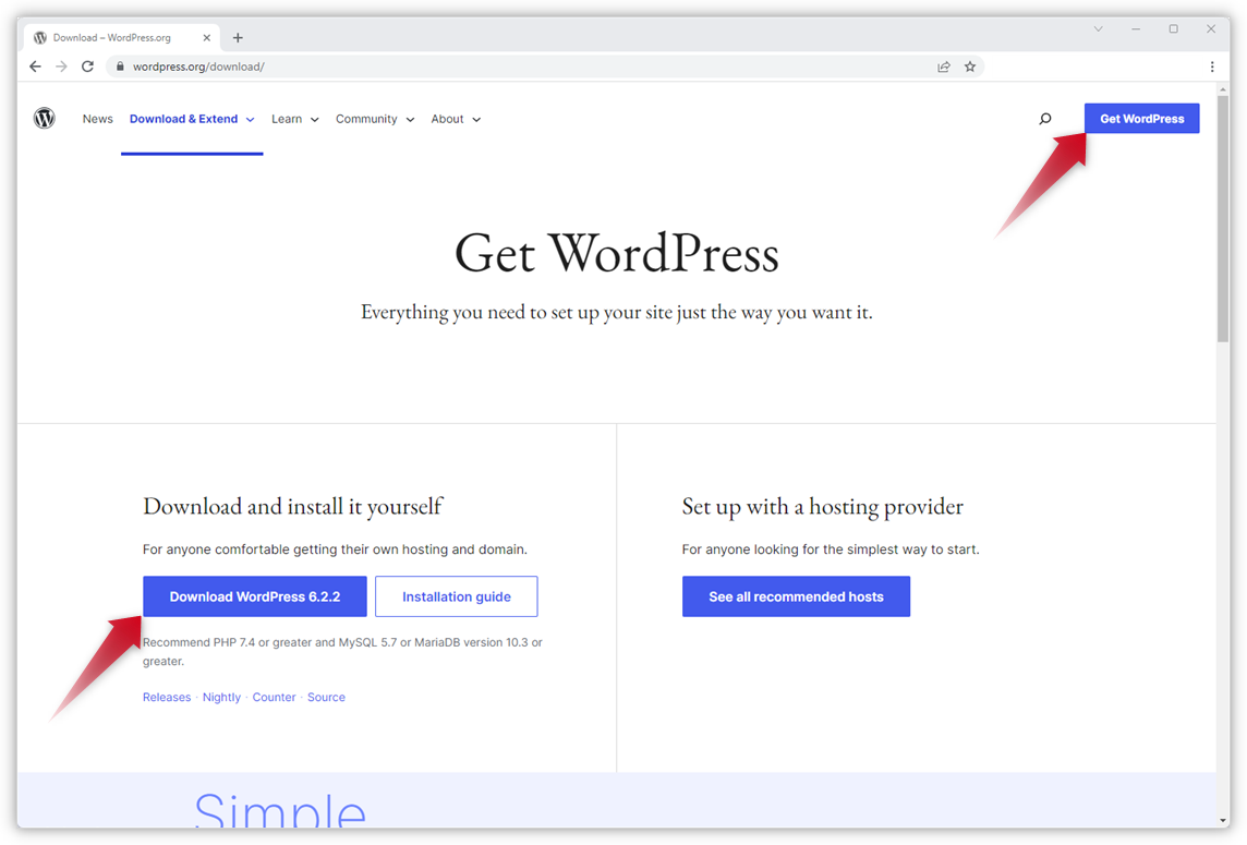 Skärmdumpen visar nedladdningssidan för installation av WordPress på den officiella WordPress.org-hemsidan.
