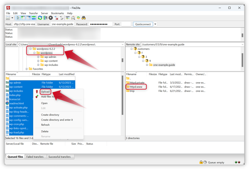Skärmdumpen av FileZilla-gränssnittet markerar WordPress-versionens mapp i fönstret för den lokala platsen. Den visar också snabbmenyn som visas när du högerklickar på mapparna, och en röd pil pekar på alternativet "Ladda upp" i menyn. 