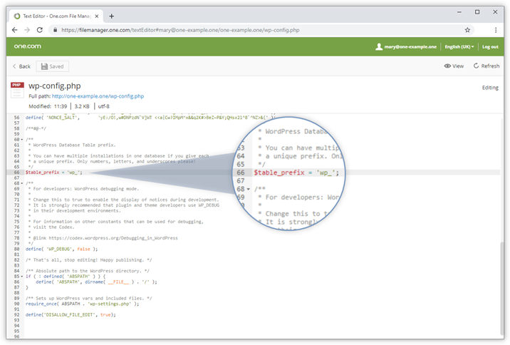 Skärmdump av wp-config.php i File Manager.