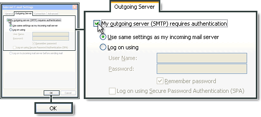 The outgoing server requires authentication.