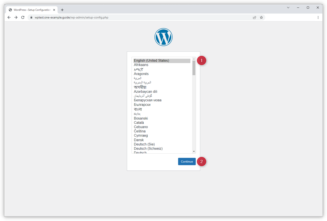 A captura de ecrã mostra a janela do navegador com a seleção da língua para a instalação do WordPress.