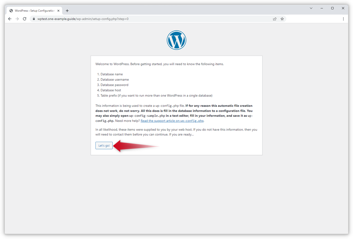 Skärmdumpen visar webbläsarfönstret för WordPress-installationen. En röd pil pekar på knappen ''Let's go!