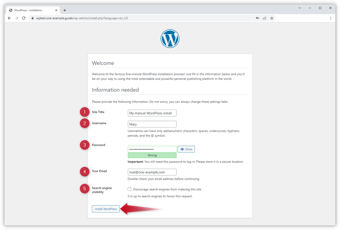 Skärmdumpen visar fälten för webbplatstitel och inloggningsuppgifter. En röd pil pekar på knappen "Installera WordPress".