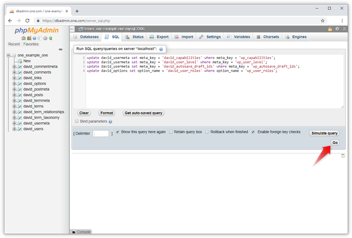 Screenshot des SQL-Tabs in phpMyAdmin.