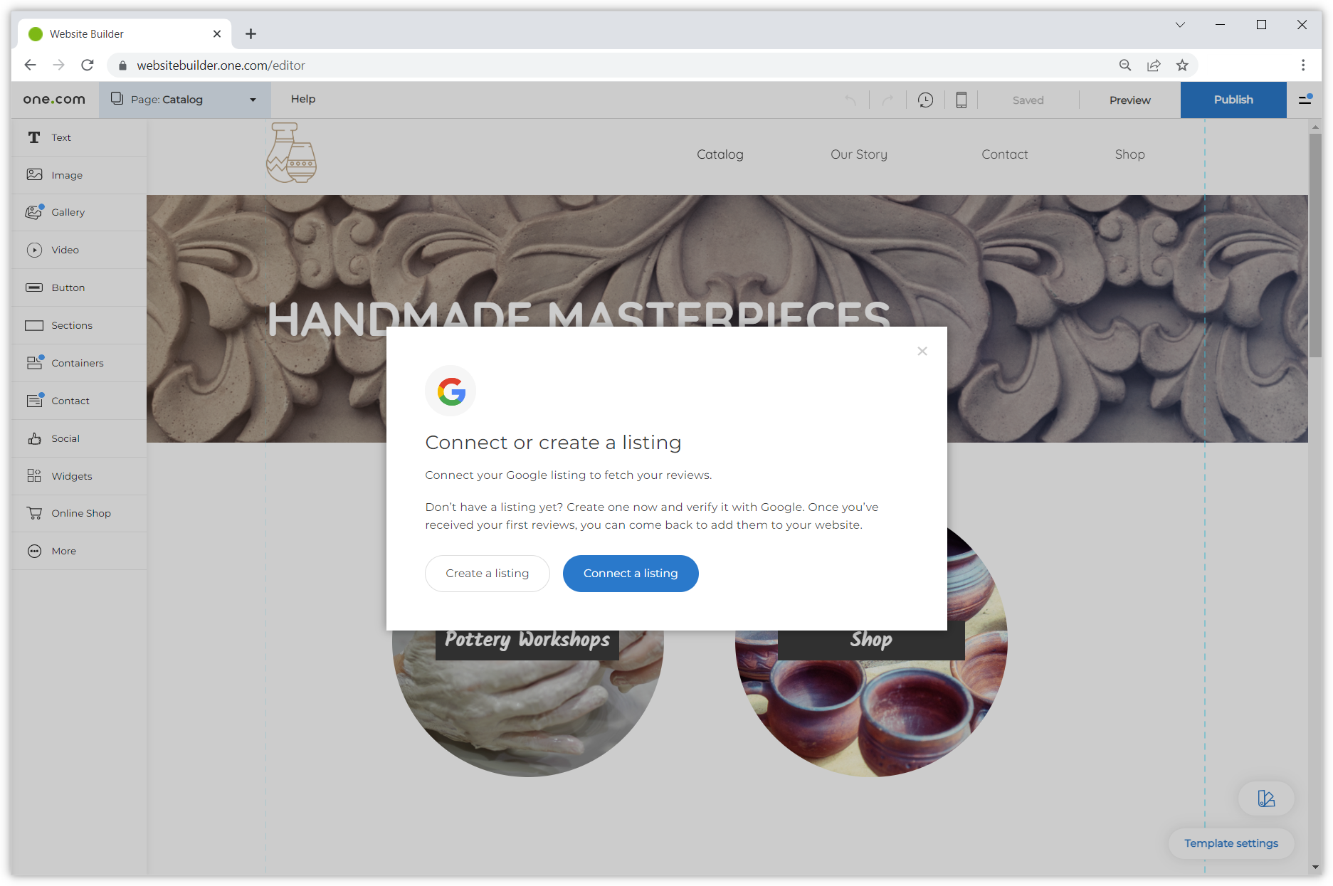 L'editor di Website Builder mostra una notifica pop-up per creare o collegare un Google Profilo dell’attività, con le opzioni per continuare.