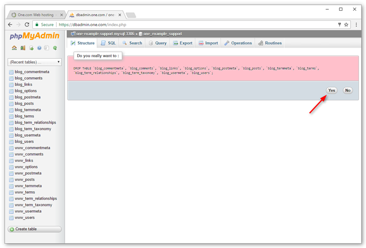 Click yes to confirm you want to drop the selected tables