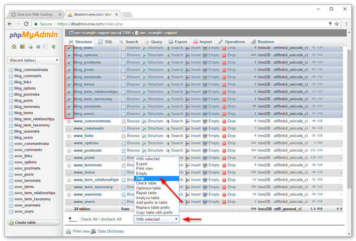 Select tables and choose drop in the drop down menu