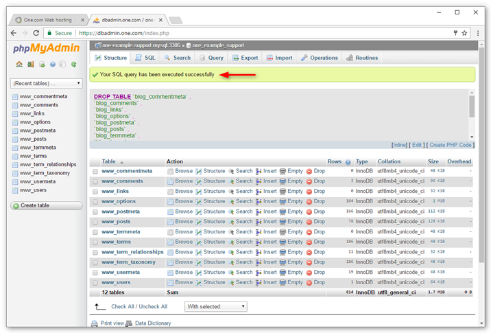 Your selected tables have been dropped