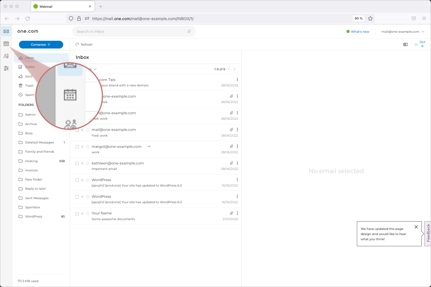 Screenshot van one.com Webmail, met markering van het kalender-pictogram in het menu aan de linkerkant.