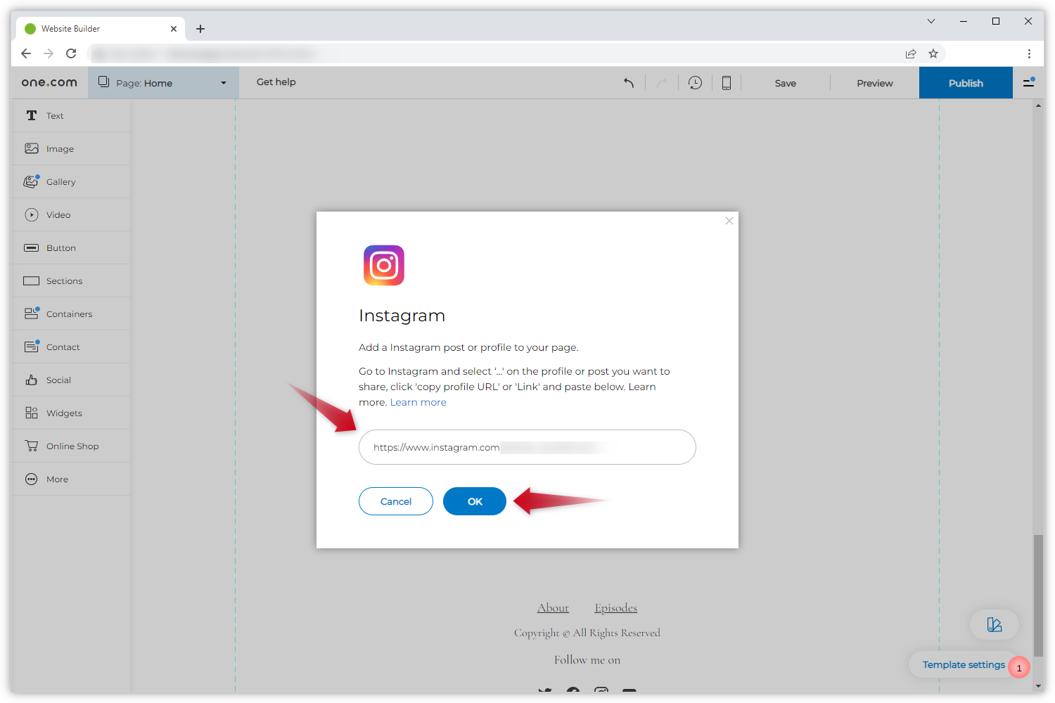 Capture d'écran de la fenêtre contextuelle Instagram avec deux flèches rouges. L'une pointe vers le champ de saisie et l'autre pointe vers le bouton "OK".
