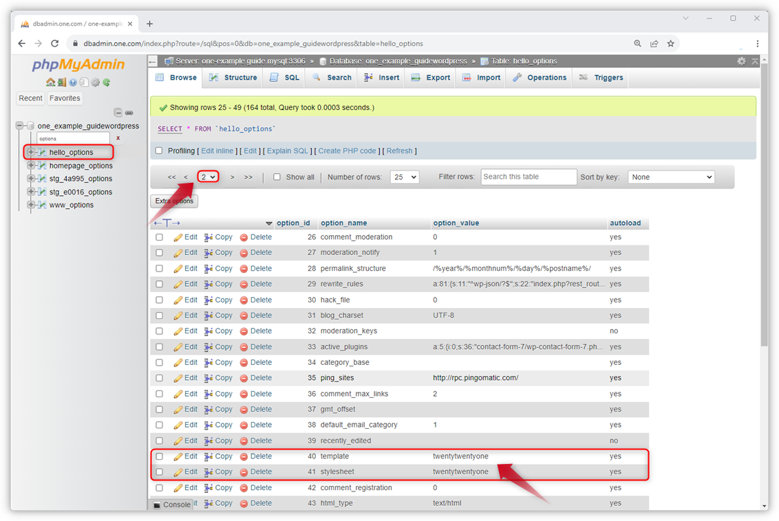 Capture d'écran des lignes template et stylesheet dans phpMyAdmin.
