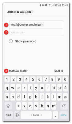 Type in your email address, password and tap manual setup