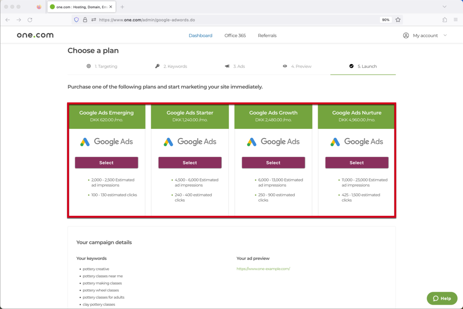 Rahmen, der die Google Ads-Pakete hervorhebt und Paketoptionen mit Details zu Klicks, Kosten und monatlicher Abrechnung zeigt.