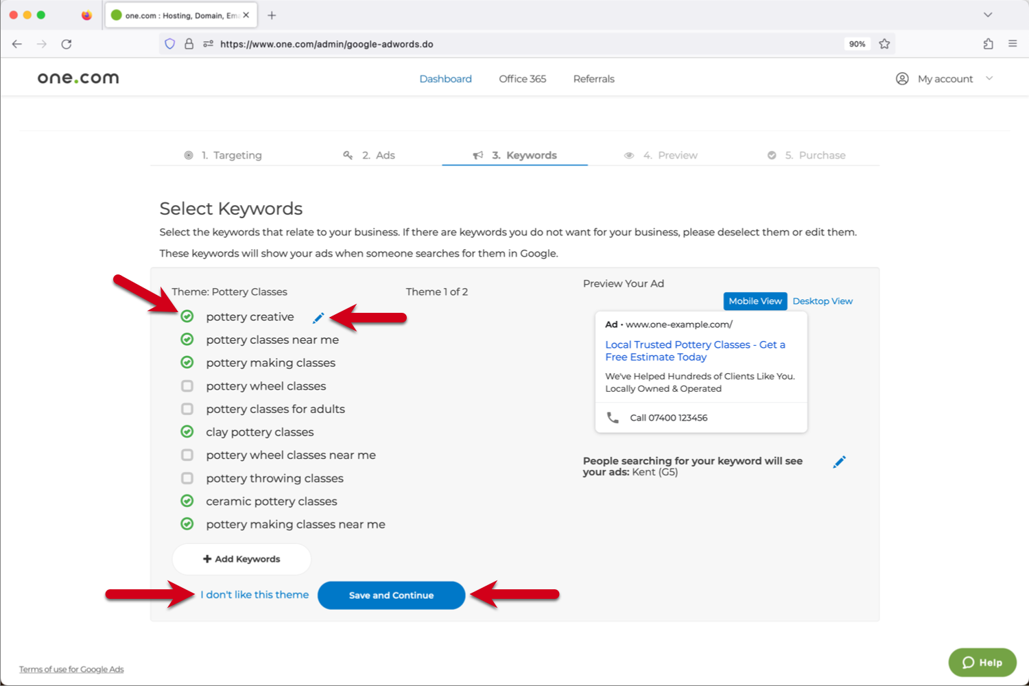 Red arrows pointing to a Theme option, pencil icon, 'I don't like this theme' link, and 'Save and Continue' button in Select keywords dashboard.