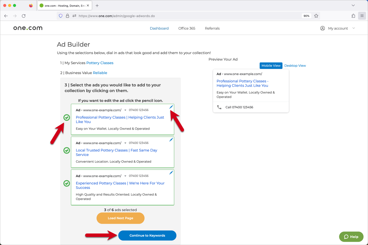 Flechas rojas que señalan el icono del lápiz, la marca verde y el botón «Continuar con los anuncios» en el proceso de configuración de Google Ads.