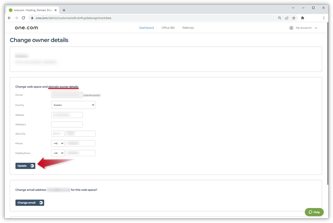 A screenshot of the "Change owner details" page in the Control Panel, with a red arrow pointing to the Update button under the contact details.