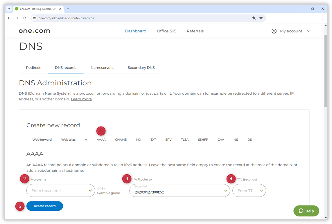 Screenshot showing where to enter the 'AAAA record' information described in the steps. Red dots with numbers inside them point out where to put each piece of information.