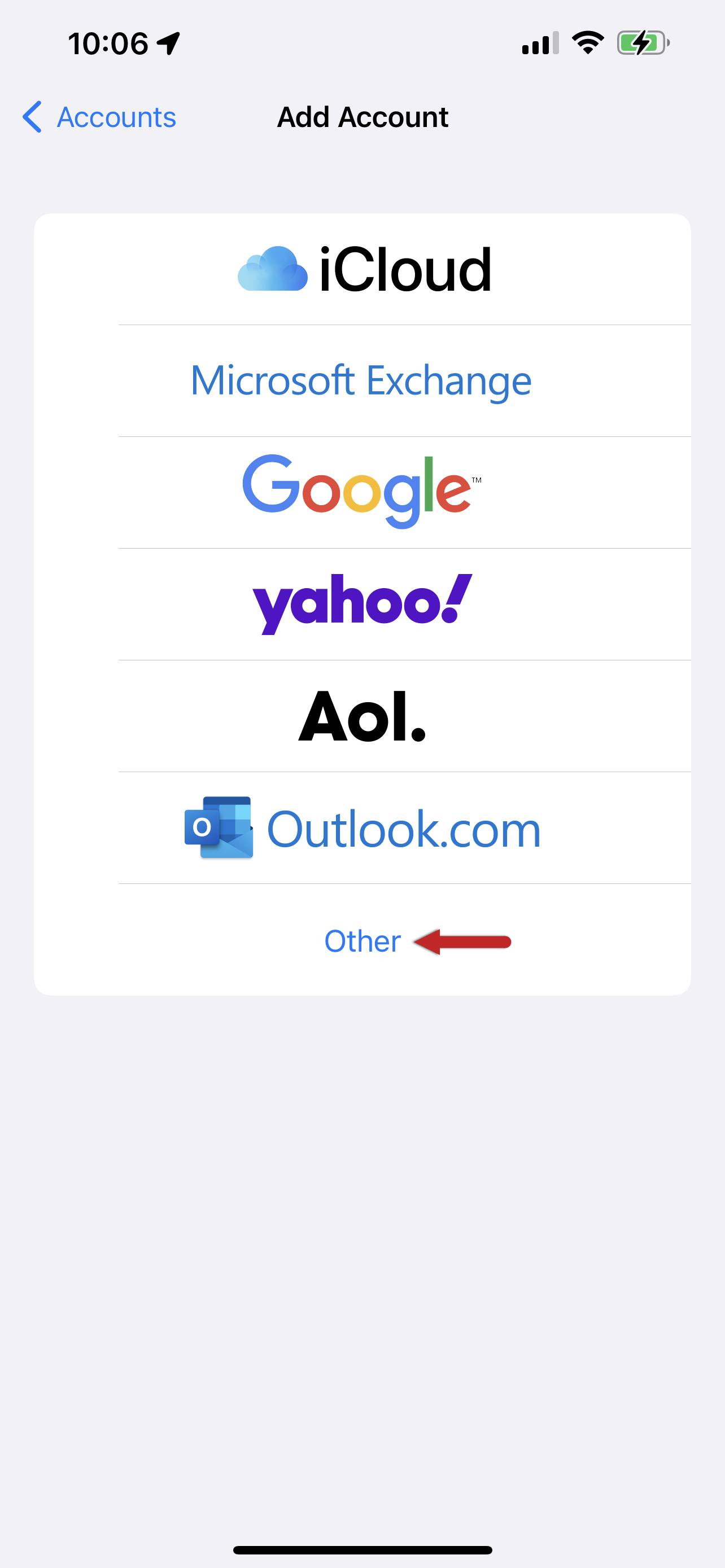 Captura de tela da tela Adicionar Conta com uma seta vermelha apontando para Outro.