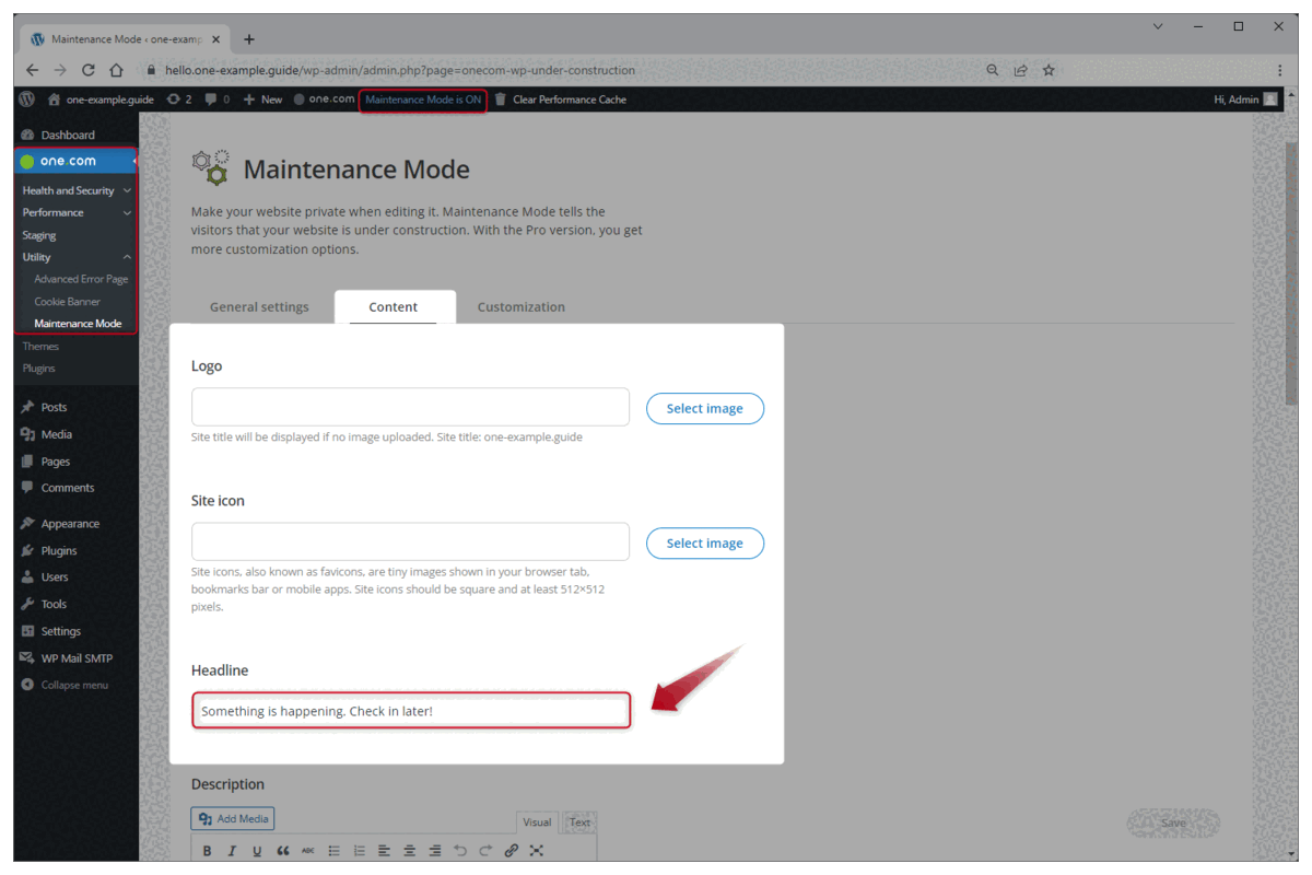 GIF animé montrant un curseur cliquant sur les étapes décrites ci-dessus pour personnaliser votre Mode Maintenance.