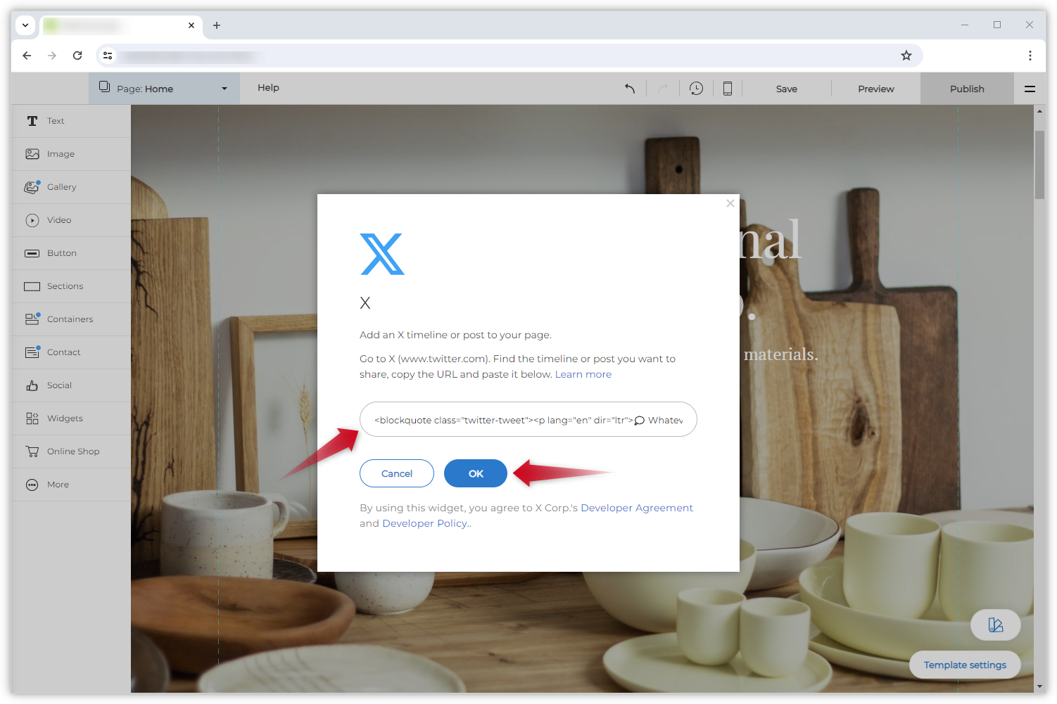 Screenshot des X-Popup-Fensters und zwei rote Pfeile. Einer zeigt auf das Eingabefeld und einer auf den Button "OK".
