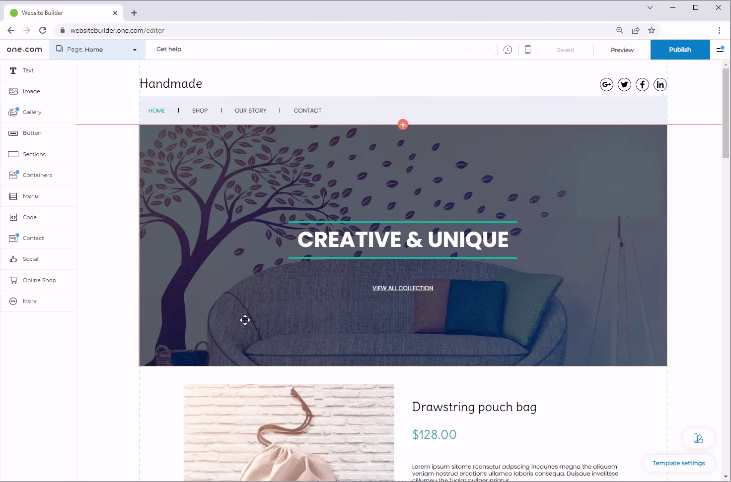 GIF showing how make an existing page into a subpage. A cursor is shown to drag a page called "Contact" over a page called "Our story", thus making the former a subpage of the latter.