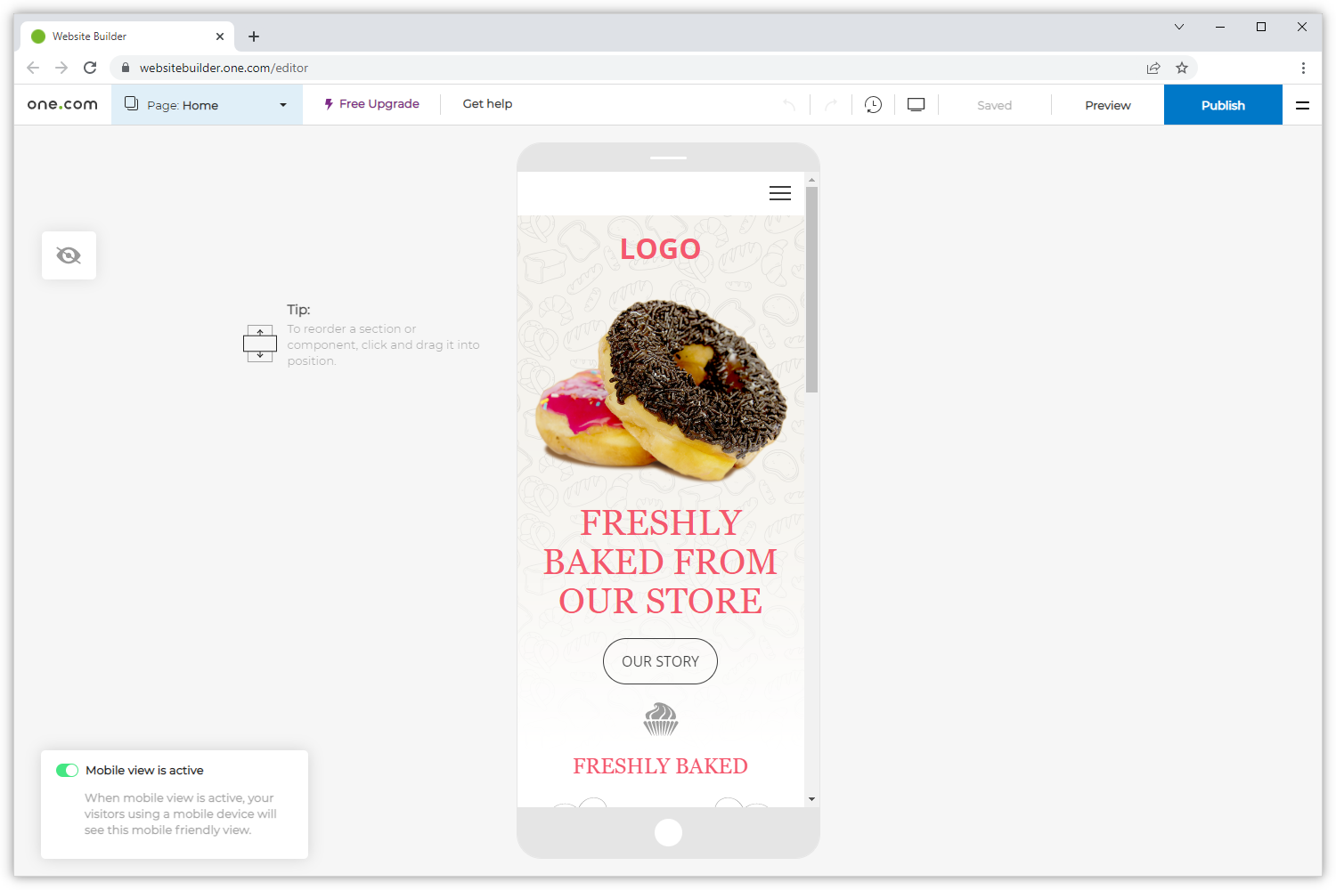 Website Builder-editor in Mobiele weergave met de Voorbeeldfunctie, zodat je de mobiele site kunt bekijken voordat je deze publiceert.