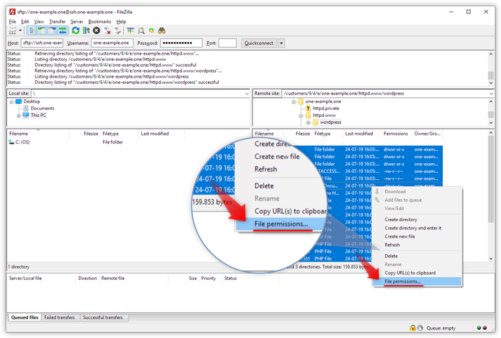 La capture d'écran montre le tableau de bord de FileZilla avec des fichiers et dossiers sélectionnés, et une flèche rouge pointant vers 'Permissions de fichiers' dans le menu contextuel.