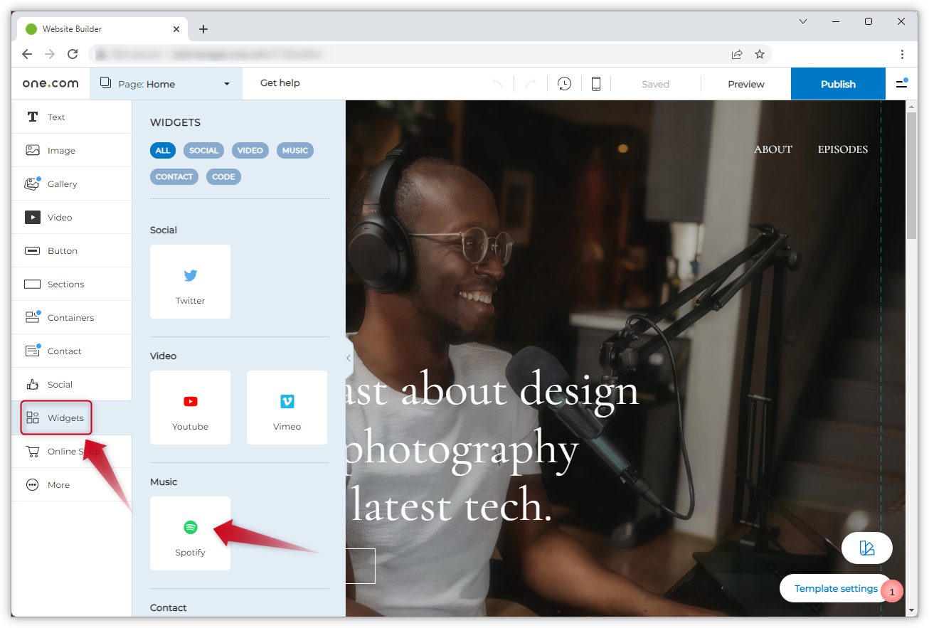 Screenshot of the Website Builder editor and two red arrows. One points to "Widgets" in the menu on the left and one points to the Spotify tile.