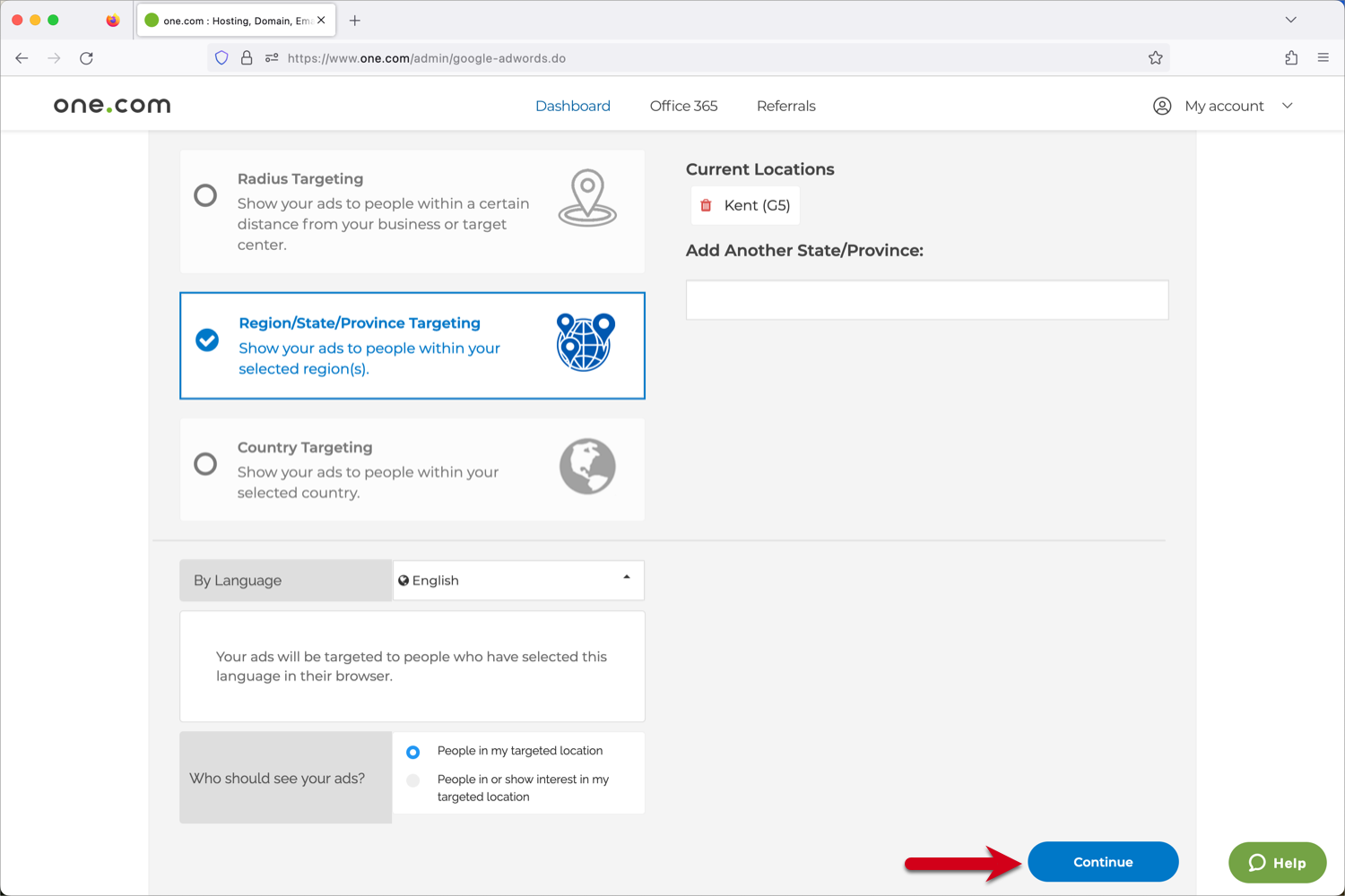 Roter Pfeil, der auf den Button „Weiter“ in den Optionen des Kampagnenzielbereichs auf dem Google Ads-Dashboard im Kontrollpanel zeigt.
